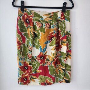 Vintage 100% Silk Tropical Hawaiian Floral Knee-Length Skirt SK & Company 14